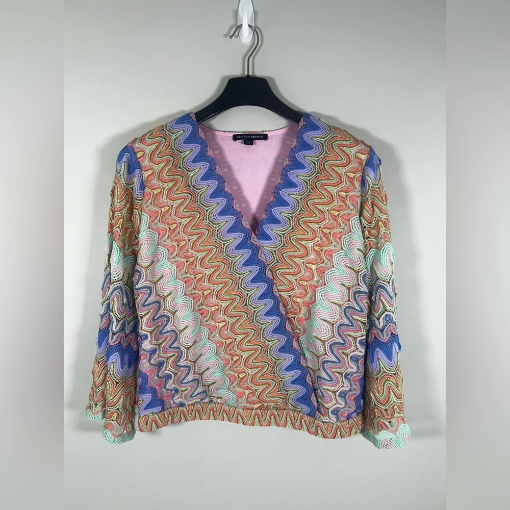 Boston Proper Color Surplice Flare Sleeve Boho Long Sleeve Blouse Size Large - Picture 2 of 8